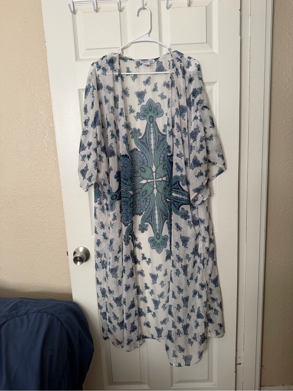 Sheer Paisley Maxi Kimono in Blue & White